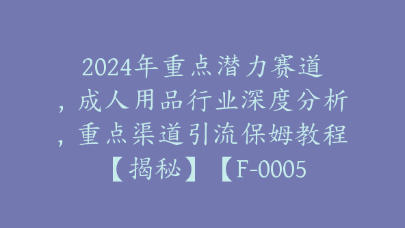 2024年重点潜力赛道，成人用品行业深度分析，重点渠道引流保姆教程【揭秘】【F-0005】